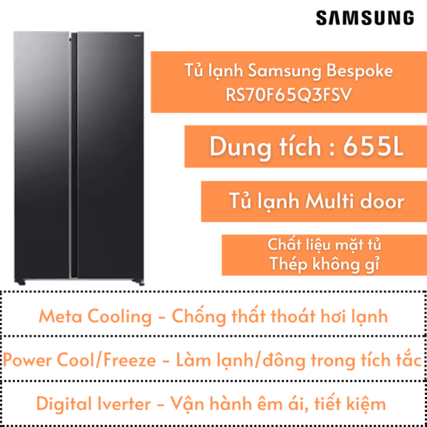 Tủ lạnh Samsung 655L | RS70F65Q3FSV | Side By Side | Lấy nước/đá ngoài