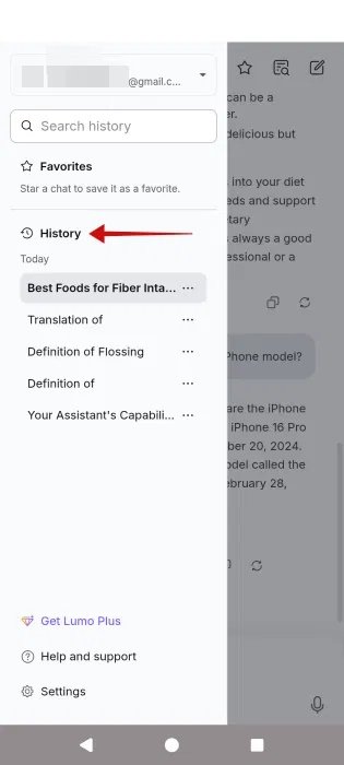 Truy cập History trong ứng dụng Lumo trên Android.