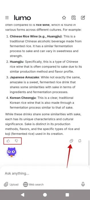 Các tùy chọn để sao chép câu trả lời và đánh giá trong ứng dụng Lumo trên Android.