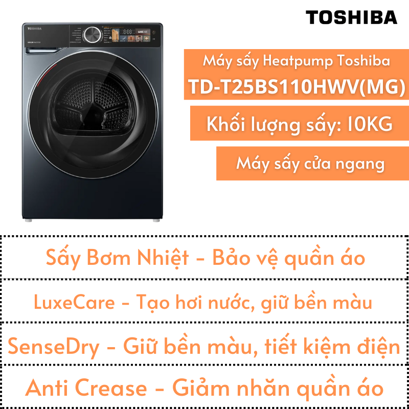 Máy sấy Heatpump Toshiba 10kg | TD-T25BS110HWV(MG)