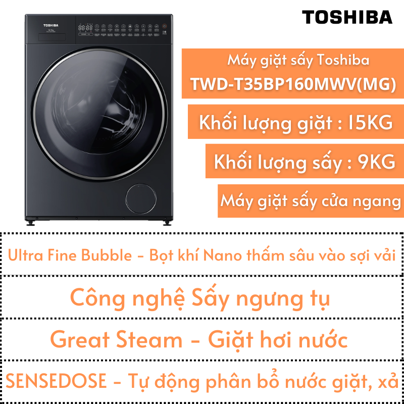 Máy giặt sấy Toshiba 15kg/9kg | TWD-T35BP160MWV(MG)